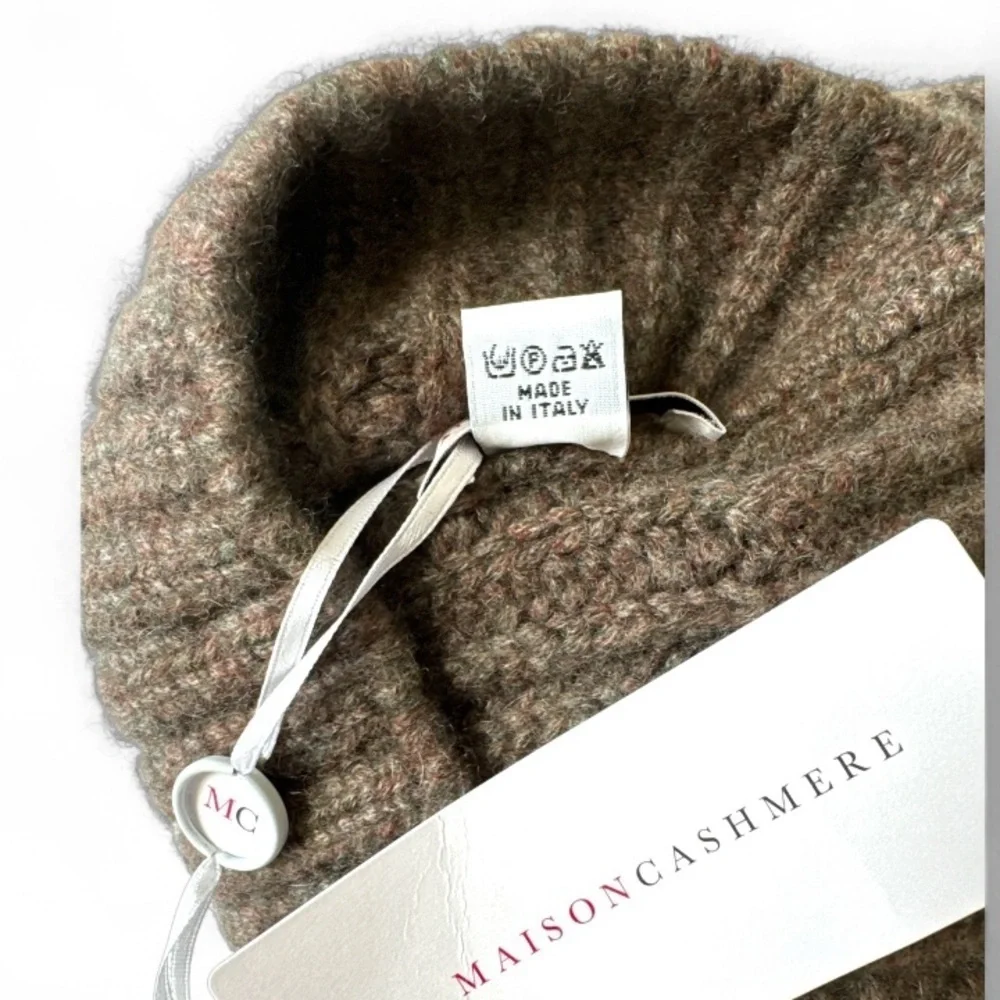 Maison Cashmere Ribbed Fisherman Beanie Brown Gray Knit Winter Hat Unisex NWT⁠
